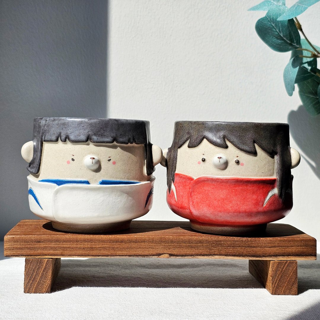 Couple cups, Haku and Chihiro. Handmade ceramic cups. - 咖啡杯/马克杯 - 陶 