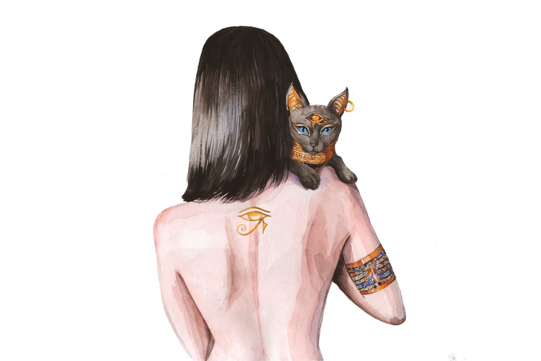 克利奥帕特拉的绘画以水彩描绘了埃及猫的原始艺术。 定做的 - 墙贴/壁贴 - 纸 黑色