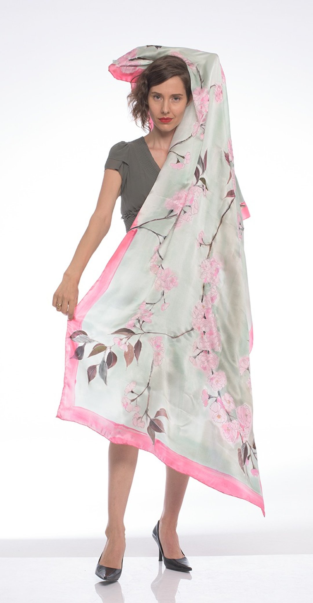 Silk satin shawl- Cherry Blossom/ Floral wrap/ - 丝巾 - 丝．绢 粉红色