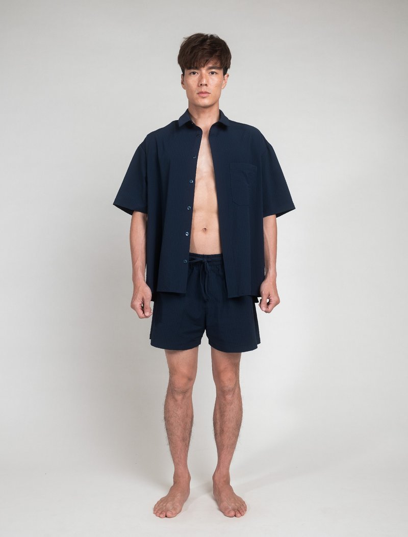 Dark Blue 深海蓝 / 泡泡纱 落肩度假衬衫 - 男装衬衫 - 其他材质 蓝色