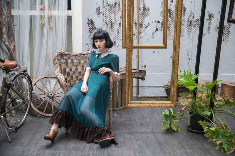 马克是华丽一族音乐小老师 双色拼接蝴蝶结短袖雪纺洋装 - 洋装/连衣裙 - 棉．麻 绿色