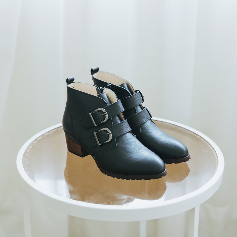 雾都双扣 | 手作牛皮双扣靴 | 黑 | 台湾真皮手工鞋MIT - 女款短靴 - 真皮 黑色