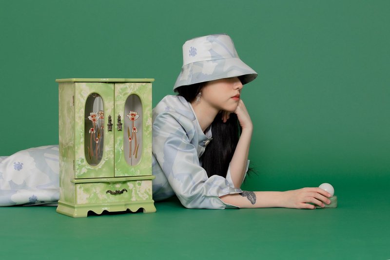 繁花缎面印花渔夫帽 蓝灰色 - 帽子 - 聚酯纤维 灰色