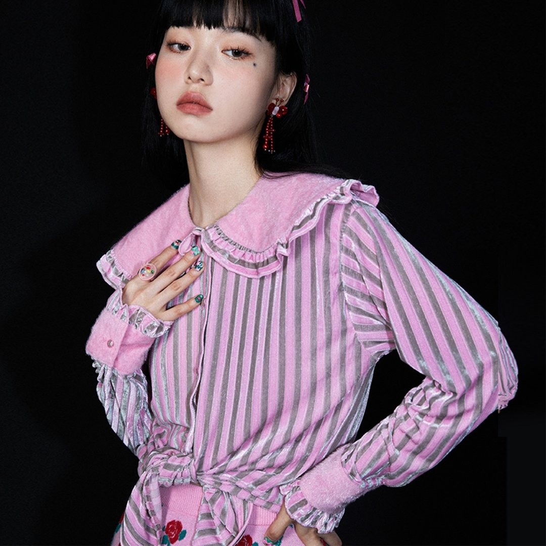 粉紅条纹 丝绒毛领荷叶边 娃娃领衬衫 - 女装上衣 - 其他材质 多色