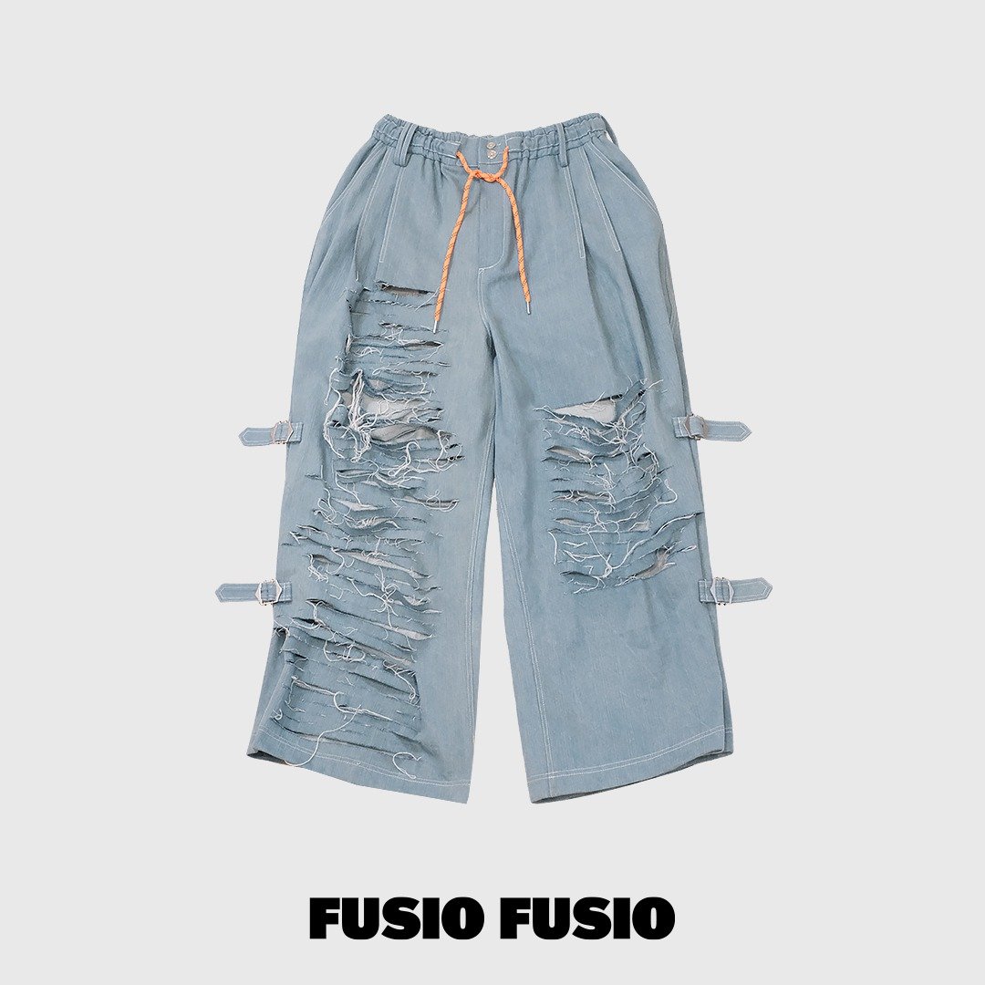 彩虹平权响应FUSIOFUSIO手工刷破水洗牛仔侧边扣饰宽长裤 - 男士长裤 - 棉．麻 蓝色