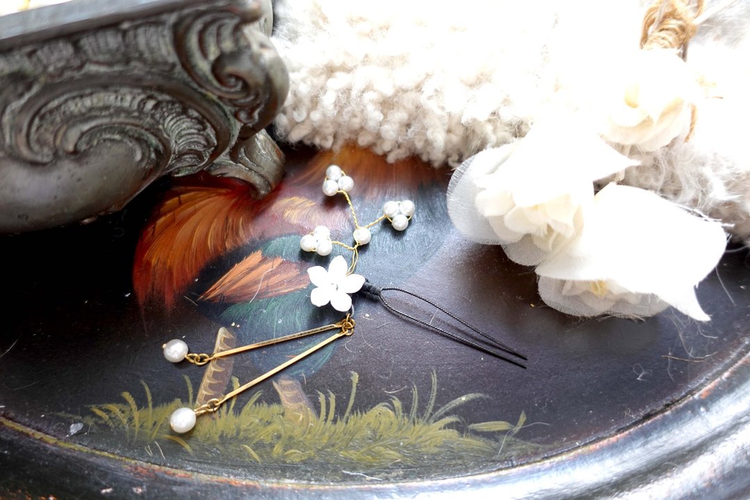 日本中古白色珍珠樱花丝线发叉发簪发髻装饰用 高级古着珠宝首饰 - 发饰 - 其他金属 白色