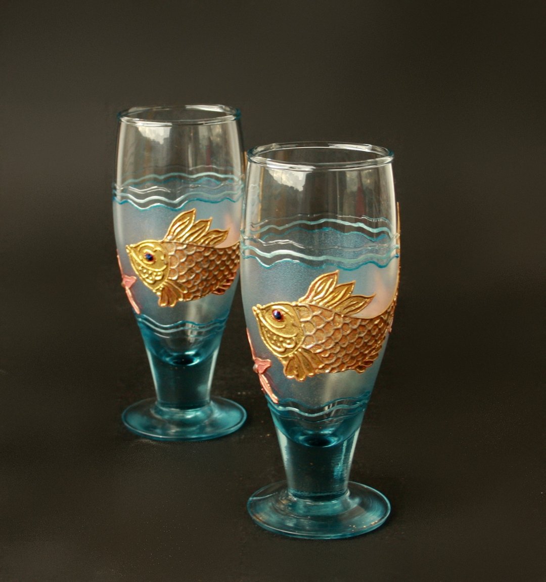 金鱼眼镜蓝色，海星，贝壳，手绘 2 件套 - 酒杯/酒器 - 玻璃 金色
