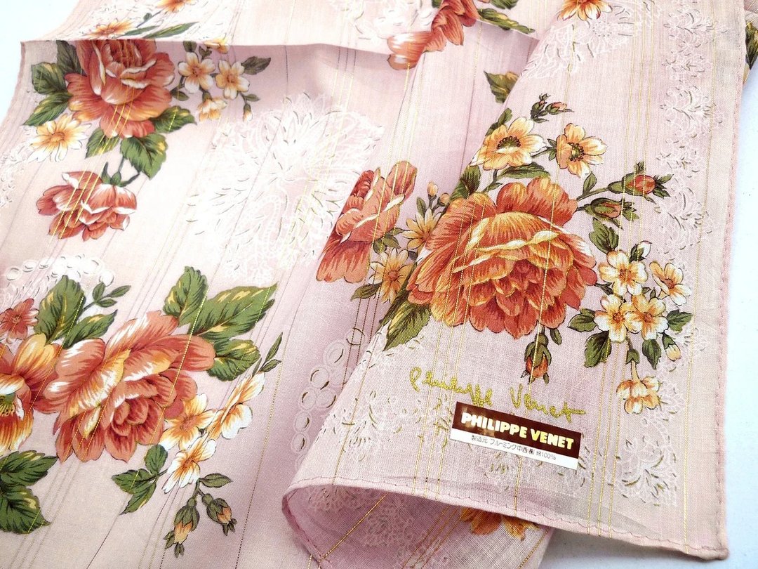 Philippe Venet Vintage Women Handkerchief 19 x 19 inches Peony Birthday Gift - 手帕/方巾 - 棉 粉红色