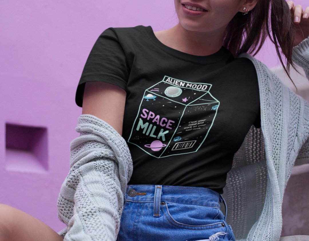 日系风格“Space Milk”可爱动漫街头风 100% 纯棉男女皆宜T恤 - 女装衬衫 - 棉 多色