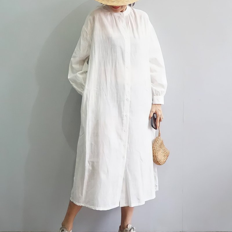 亚麻长款连衣裙/白色纽扣中长连衣裙/伴娘礼服/婚纱 - 洋装/连衣裙 - 棉．麻 白色