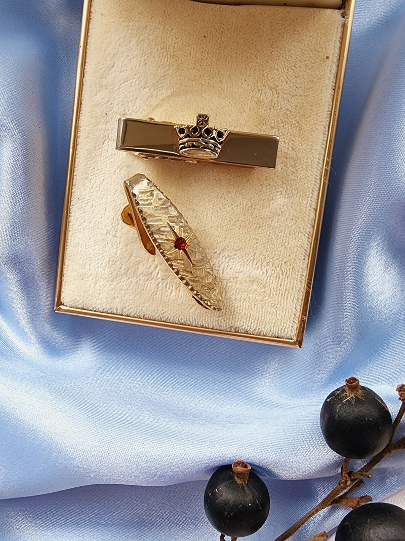 美国西洋古董饰品/ Swank皇冠雾金格纹红莱茵领带夹/男士珠宝 - 领带/领带夹 - 其他金属 