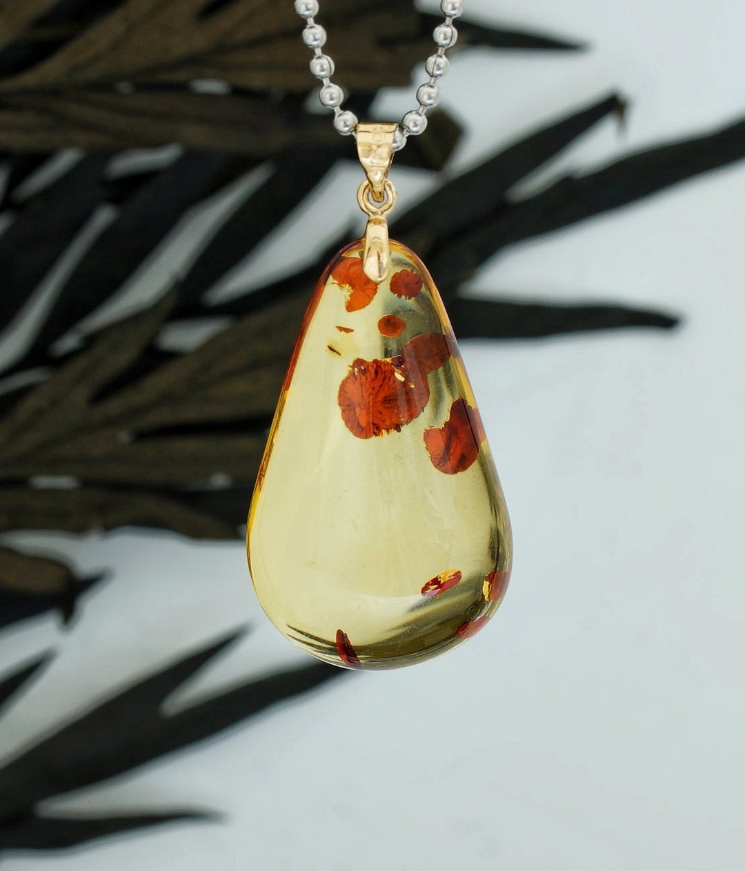 波罗的海东欧花珀不锈钢波子颈链 ( Baltic Amber Necklace-07 ) - 项链 - 宝石 
