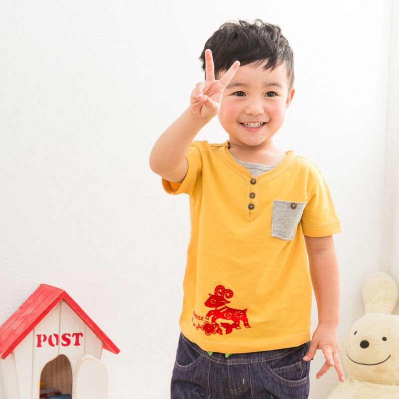 纯棉舒适棉柔 植绒印花短袖上衣 - 童装上衣 - 棉．麻 黄色