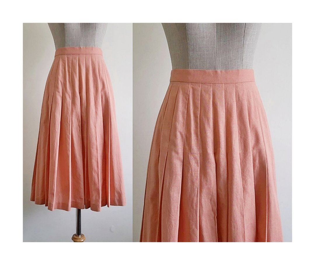Vintage Peach Pleated Skirt - 裙子 - 棉 