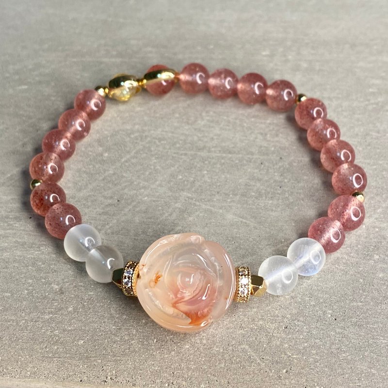 AB0070023玫瑰造型樱花玛瑙月光石钛晶配珠草莓晶手链手链 - 手链/手环 - 水晶 粉红色