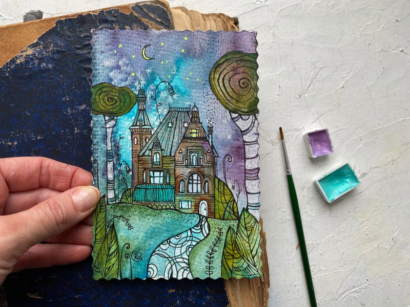 Mansion painting Mini Original watercolor card Night artwork Miniature art - 海报/装饰画/版画 - 纸 多色