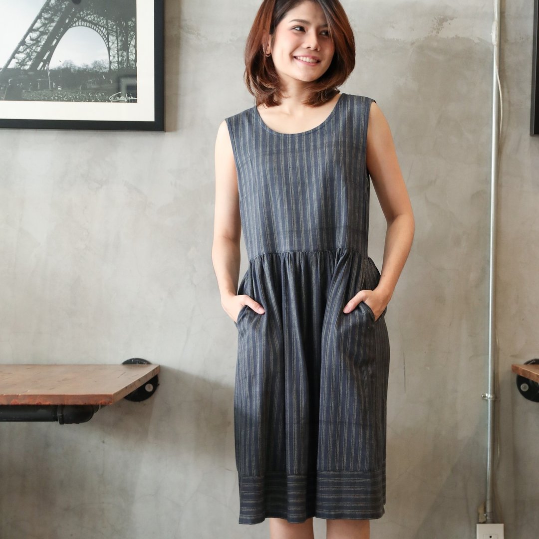 Hand woven cotton Dress Natural Cotton Dress - Gray and dark blue stripe - 洋装/连衣裙 - 棉 灰色