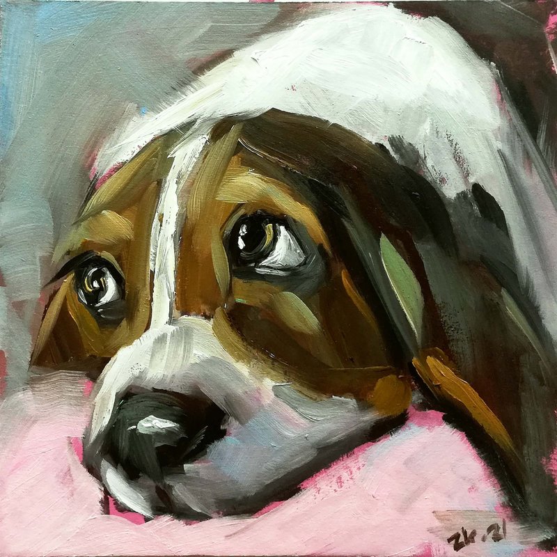 Dog Painting Pet Artwork Animal Original Oil Painting Basset Hound Portrait - 海报/装饰画/版画 - 其他材质 多色