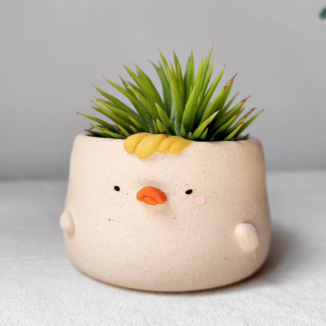 White ducky planter, naughty face. Handmade terracotta pot. - 花瓶/陶器 - 陶 