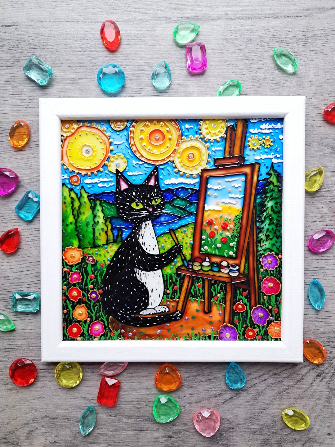 原画黑猫艺术家画架明亮的风景星空宠物爱好者 - 墙贴/壁贴 - 玻璃 白色