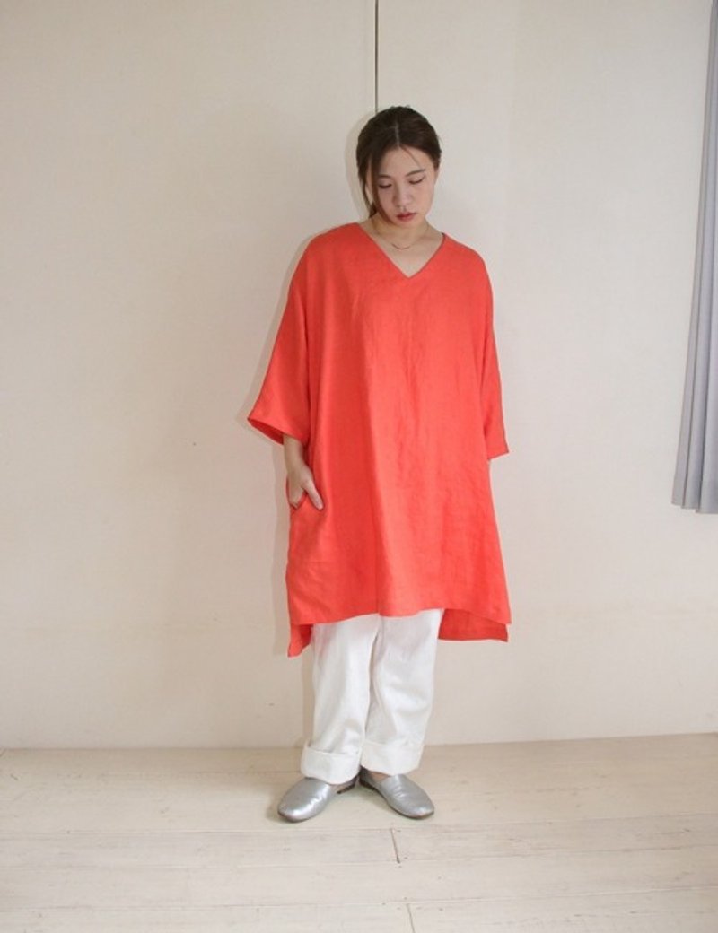 亚麻蝙蝠袖束腰连衣裙 (橘色) - 洋装/连衣裙 - 棉．麻 橘色