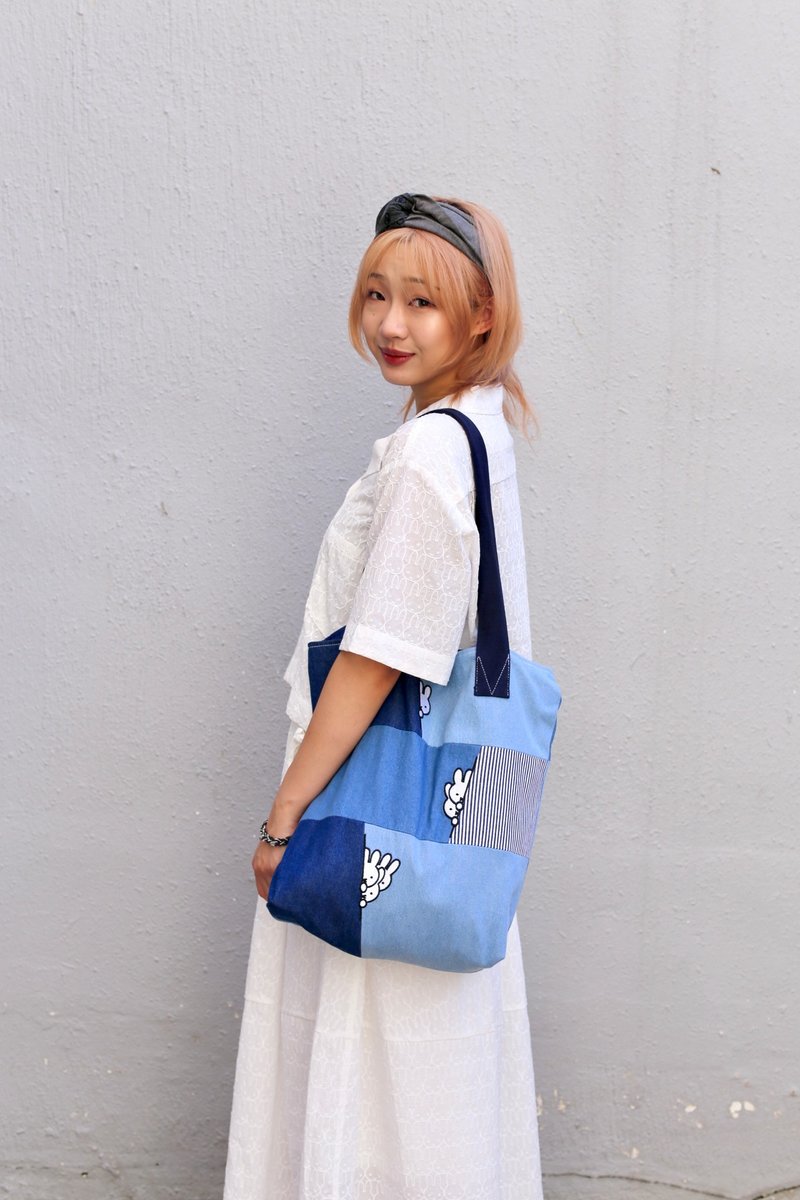 【Pinkoi x miffy】MIFFY蓝、黑色牛仔拼布袋 - 侧背包/斜挎包 - 棉．麻 多色