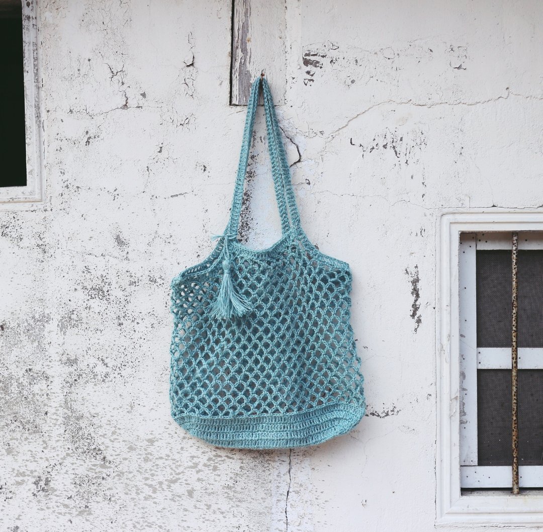 【完售】Handmade手工编织/黄麻绳编织网袋/购物袋/流苏/肩背 - 手提包/手提袋 - 棉．麻 蓝色