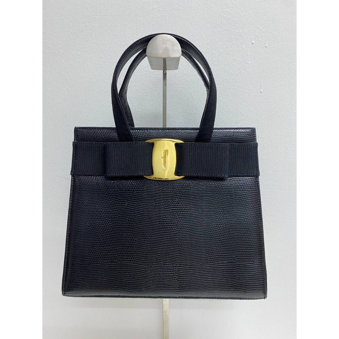 Salvatore Ferragamo 黑色鳄鱼皮压花手袋 - 手提包/手提袋 - 其他材质 黑色