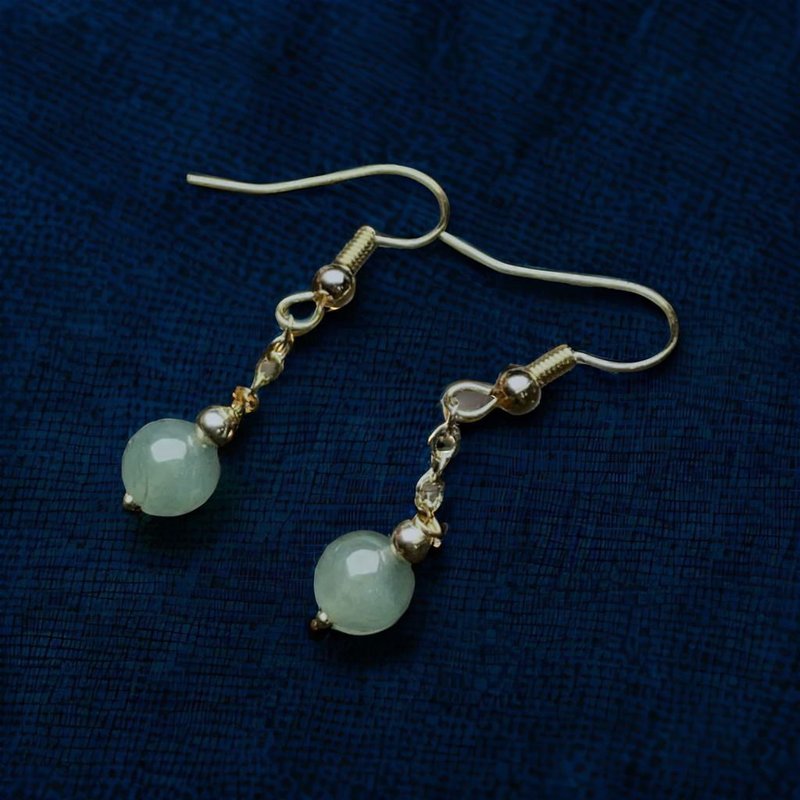 冰绿翡翠圆珠14K包金耳环 | 天然缅甸玉翡翠A货 | 送礼 - 耳环/耳夹 - 玉石 绿色