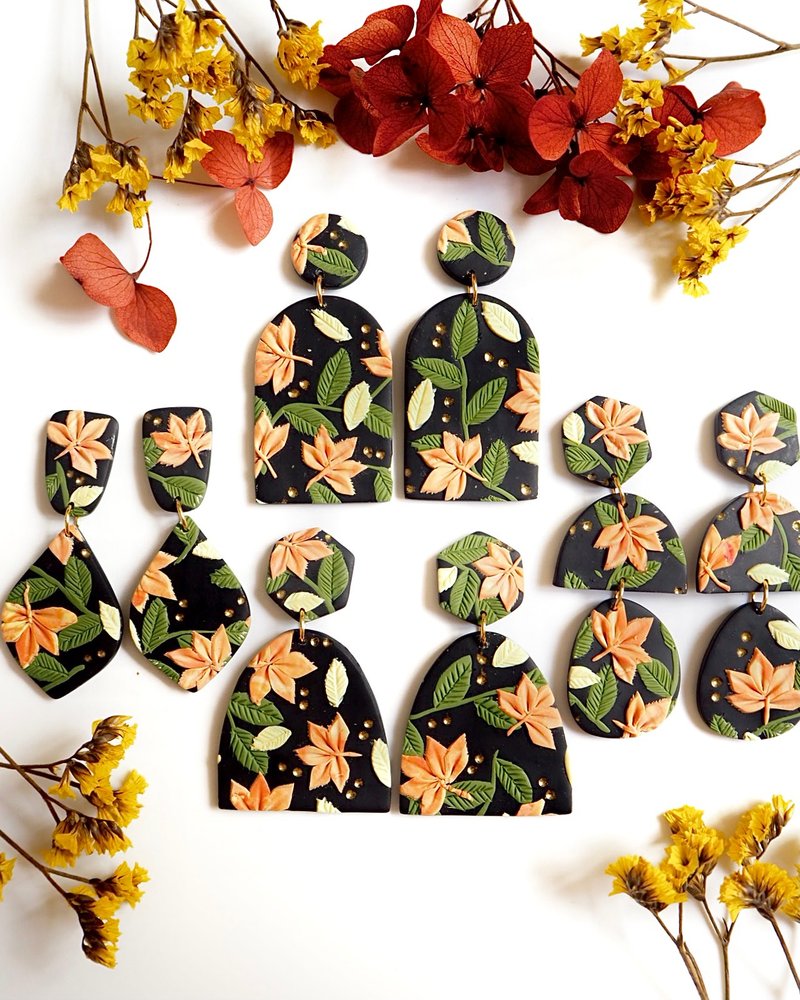 黑化版枫叶软陶耳环 - 耳环/耳夹 - 其他材质 