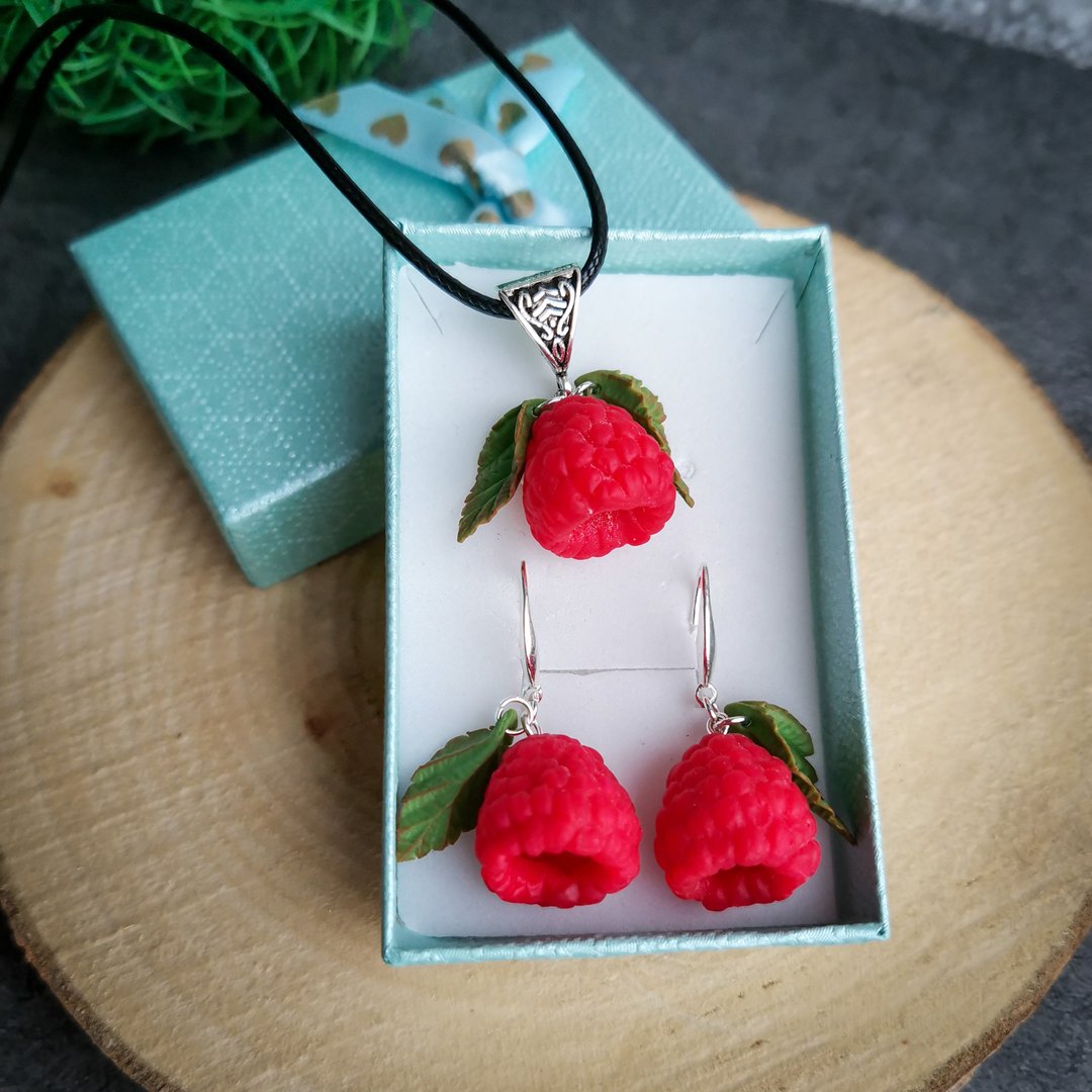 Raspberry earrings and necklace are weird funny funky quirky magic berries set - 耳环/耳夹 - 粘土 红色
