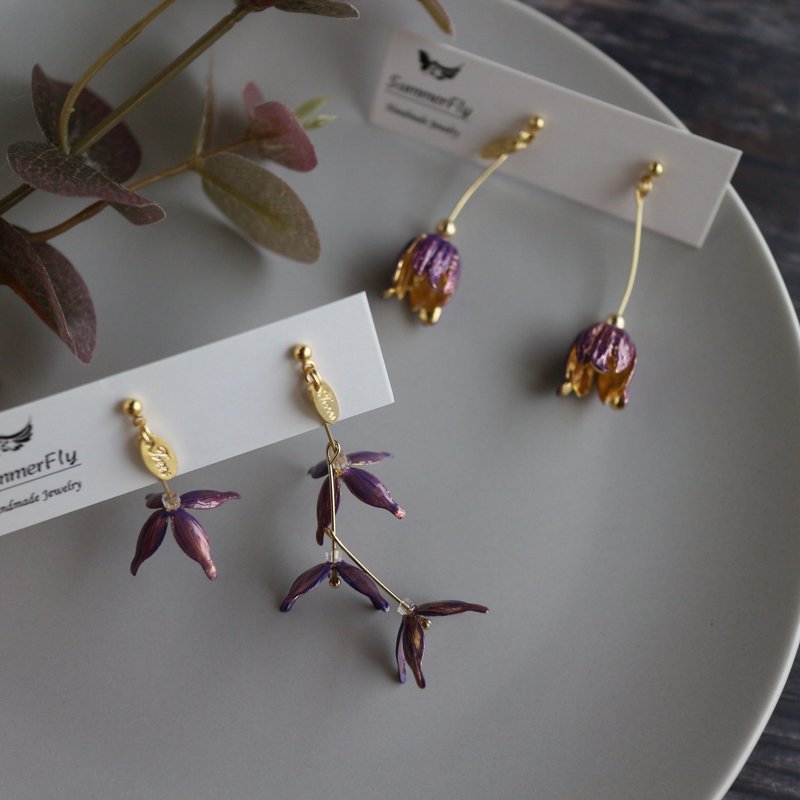 【紫色郁金香】不对称花花朵叶子垂坠耳环 - 耳环/耳夹 - 其他金属 紫色