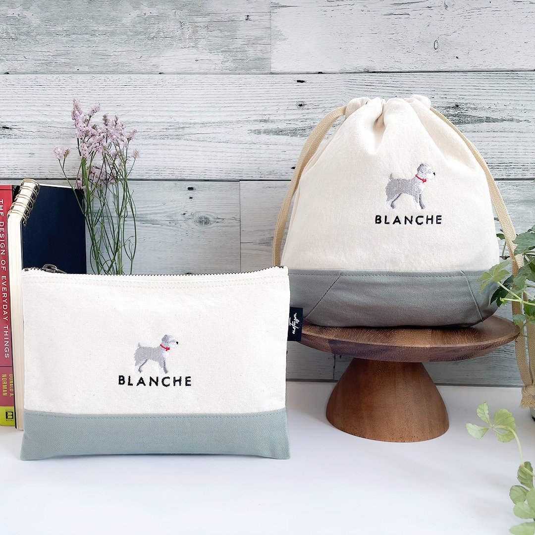 Personalized Miniature Schnauzer Takeyari Canvas two tone drawstring & pouch set - 其他 - 棉 白色