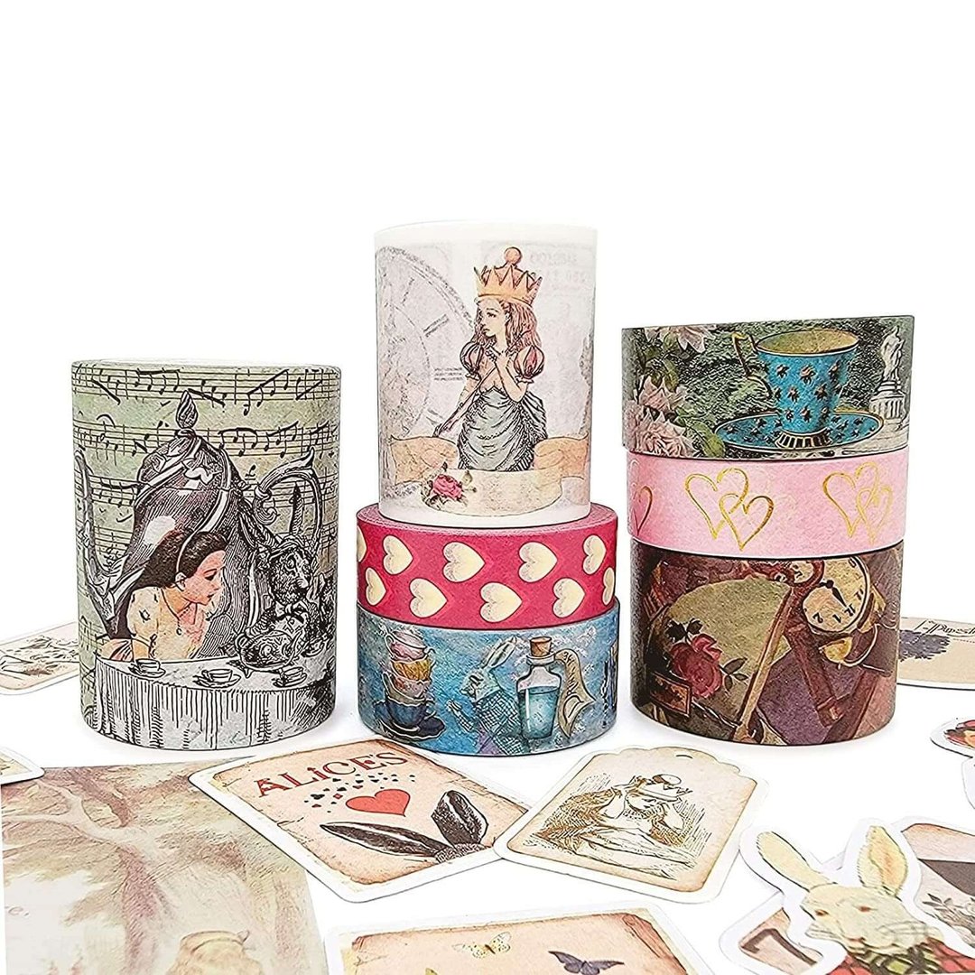 Alice in Wonderland Washi Tape Set, 7 washi Tape Rolls - 纸胶带 - 纸 咖啡色