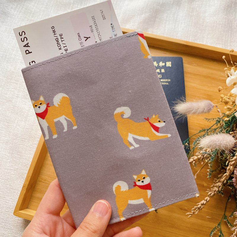 护照套 Passport Holder 护照夹 护照收纳 灰色柴犬款 - 护照夹/护照套 - 棉．麻 