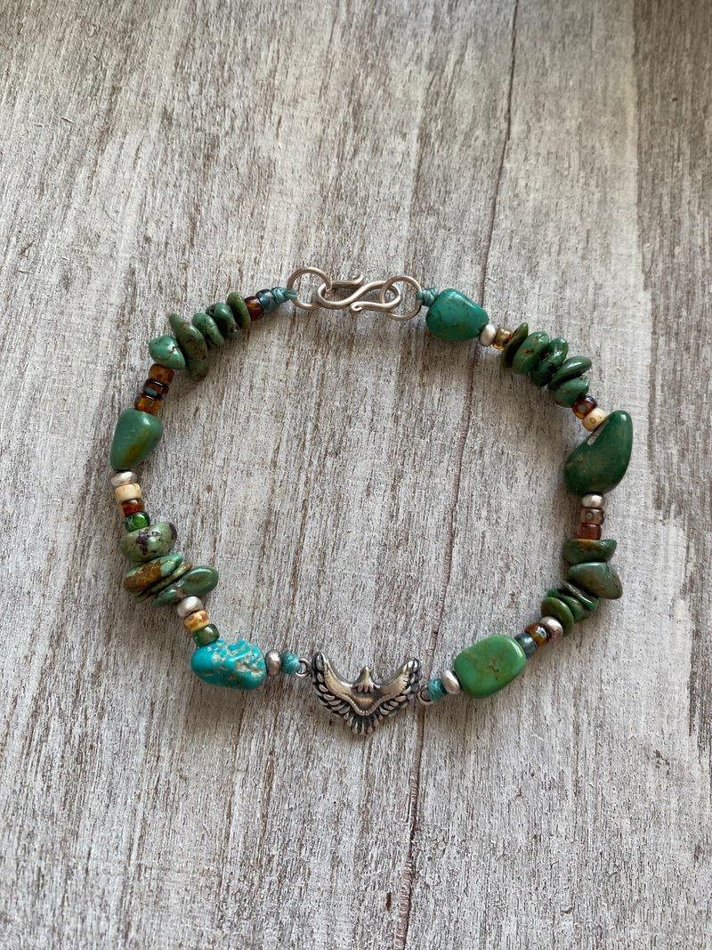 自由飞翔的老鹰 绿松石925纯银手链 捷克琉璃珠 - 手链/手环 - 石头 绿色