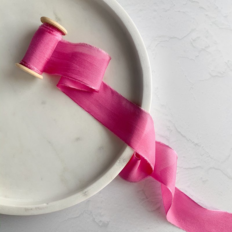Fuchsia Green Silk Ribbon / Hand Dyed Silk ribbon on Wood Spool - 包装材料 - 丝．绢 粉红色