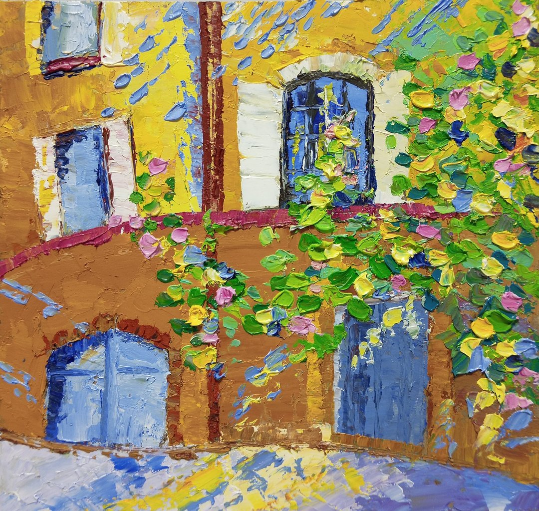 France Painting City Original Art Provence Artwork House Wall Art Oil Impasto - 海报/装饰画/版画 - 其他材质 黄色
