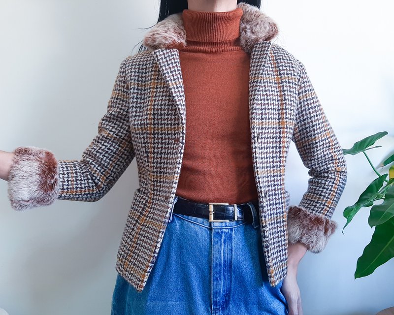 复古 20 世纪 50 年代棕色羊毛千鸟格西装外套粗花呢西装外套配毛 - 女装休闲/机能外套 - 羊毛 咖啡色