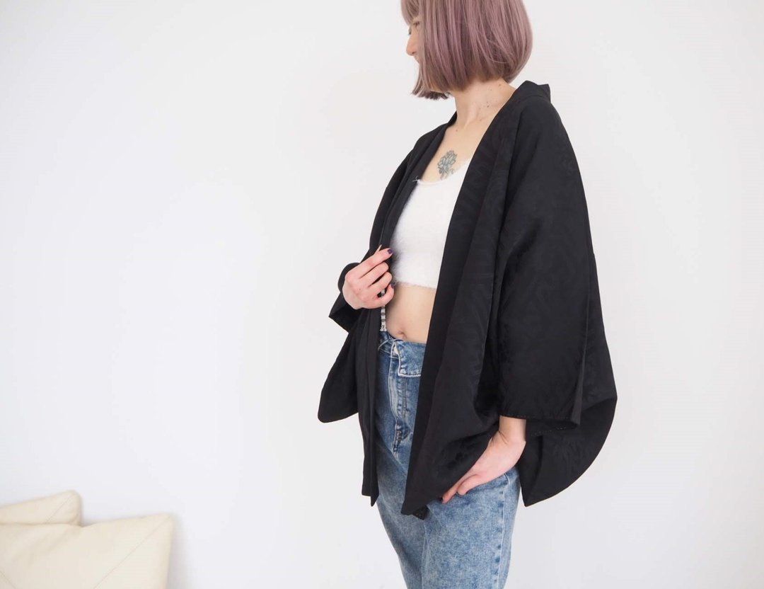 Jacket, Ethereal Black Kimono Japan, Comfortable Kimono - 女装休闲/机能外套 - 丝．绢 