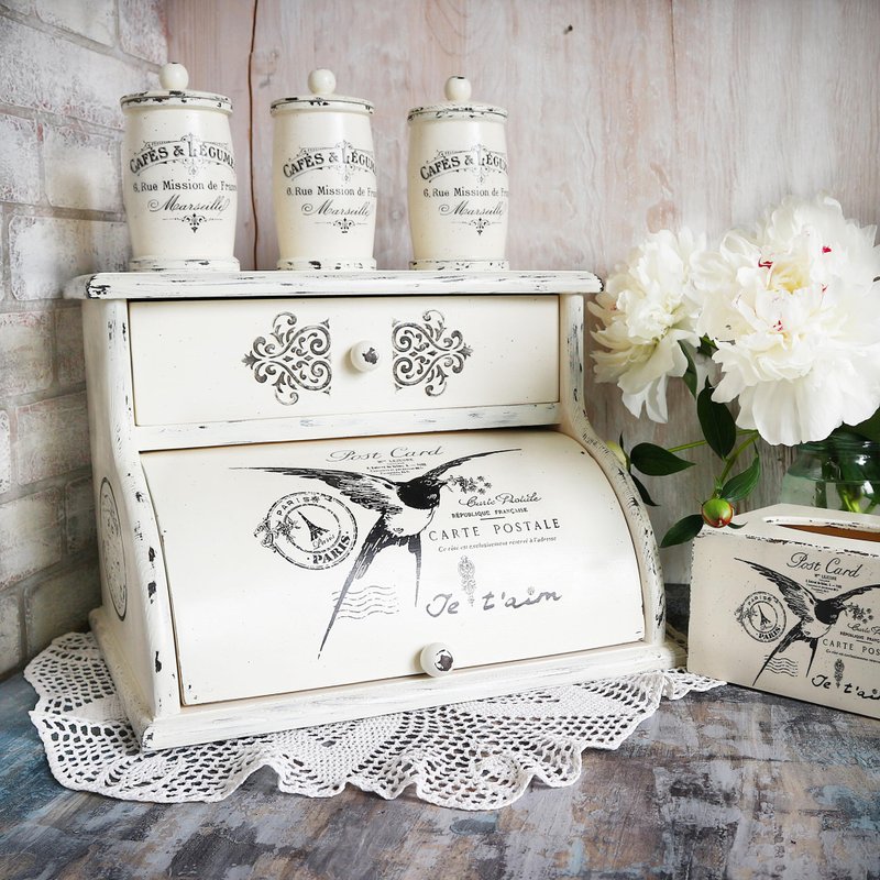 破旧别致的面包盒大面包箱储物厨房组织者手工橱柜 - 调味罐/酱料瓶 - 木头 白色