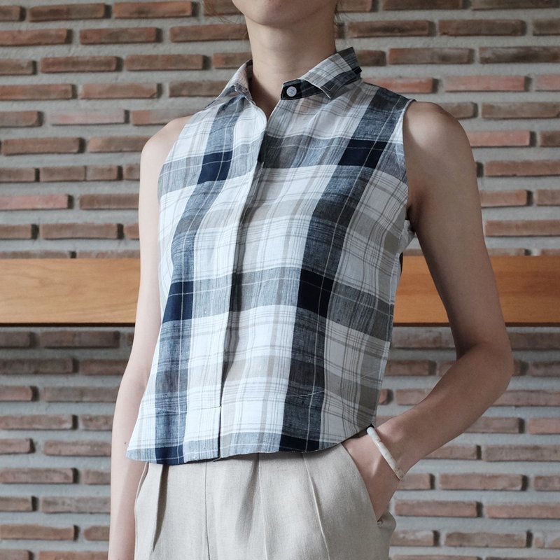 无袖修身格子背心衬衫 - 女装上衣 - 棉．麻 