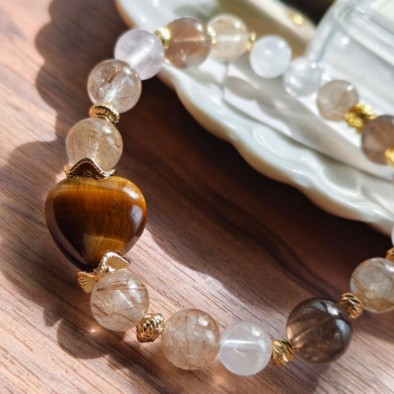 【爱心黄虎眼x魔鬼银发晶水晶手链】增强自信|招财|净化 - 手链/手环 - 水晶 咖啡色