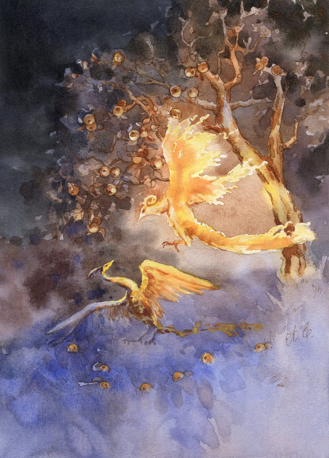 Firebird painting Original fantasy art 仙女 Watercolor by Yulia Evsyukova - 海报/装饰画/版画 - 纸 橘色