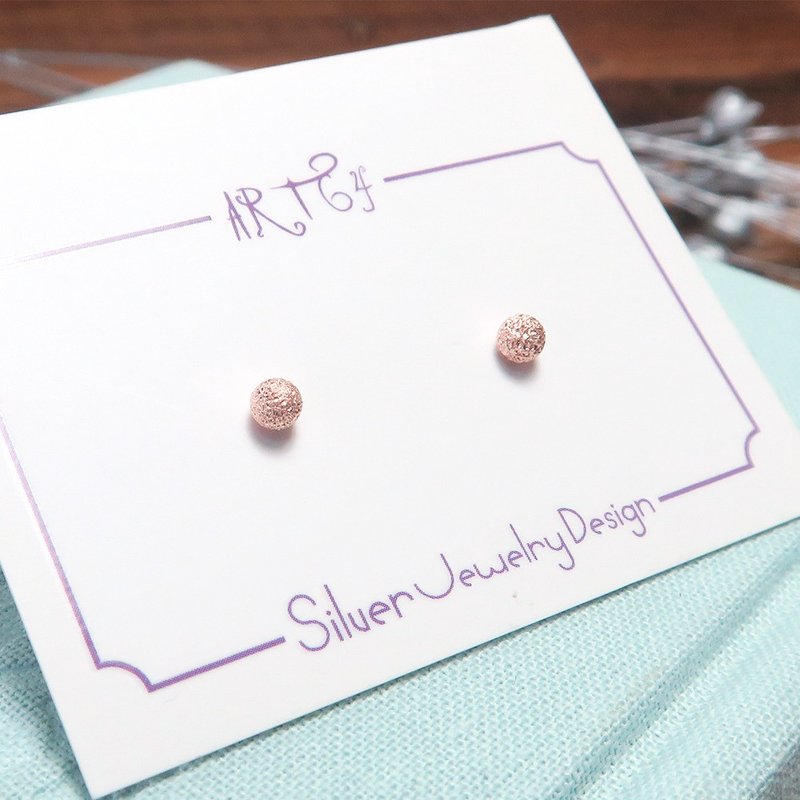 耳环控必备 极简银珠耳环 3mm雾砂质感圆珠 玫瑰金色 925纯银针式 - 耳环/耳夹 - 纯银 粉红色