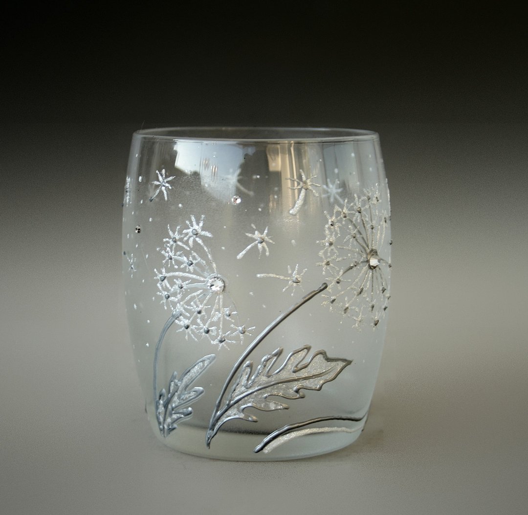 Dandelion Wild Flowers Cups Tea Stemless Glass, handpainted - 玻璃杯 - 玻璃 白色