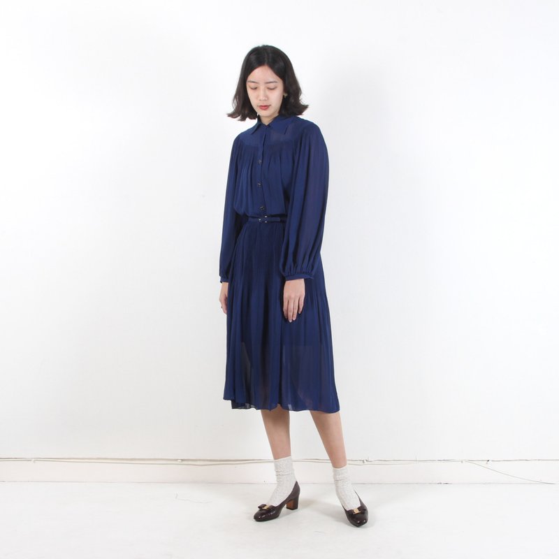 【蛋植物古着】蓝海水色古着洋装 - 洋装/连衣裙 - 聚酯纤维 蓝色