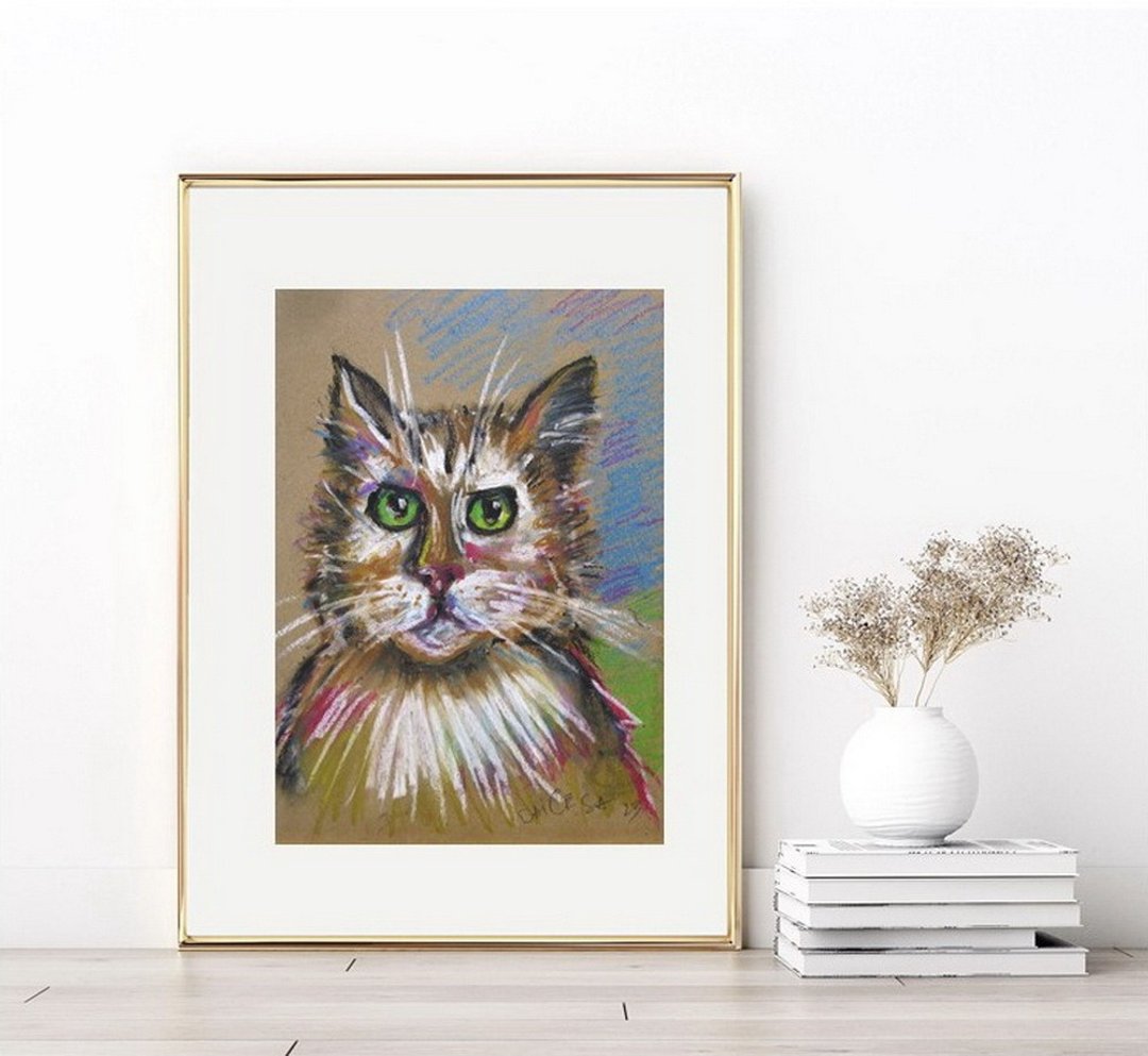 在彩色纸上绘制的猫肖像油画棒儿童房间装饰 - 墙贴/壁贴 - 纸 多色