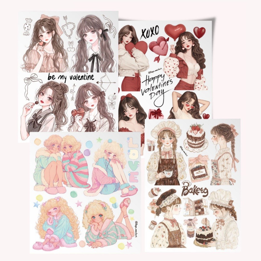 5% OFF 套组 – Valentine Vintage Girl 贴纸组（4 款设计） - 贴纸 - 纸 