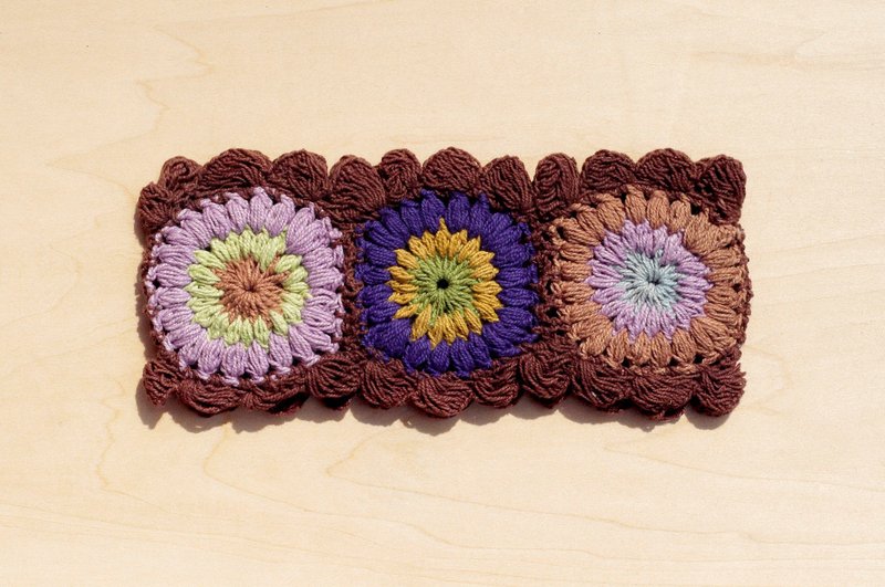 手工棉线编织发带 / 编织缤纷发带 - 咖啡色钩织缤纷花朵 ( 手工限量一件 ) - 发饰 - 其他材质 多色